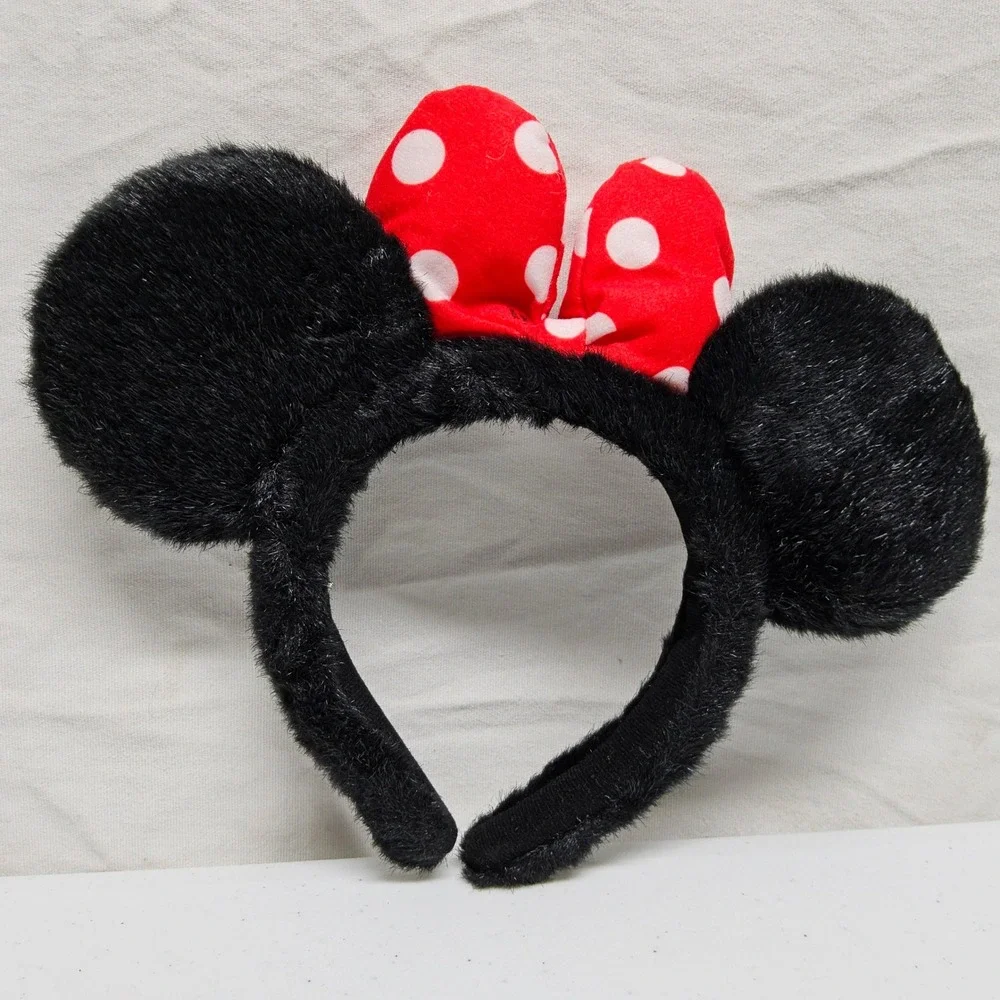 Disney Headband Kids OS Black Minnie Mouse Plush Faux Fur Polka Dot Bow Ears